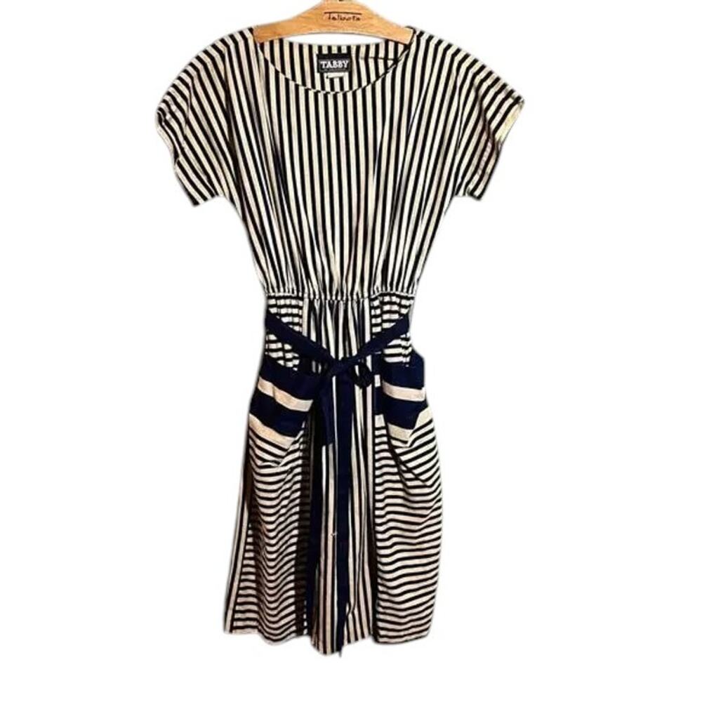 Vintage Tabby Navy Stripe Dress Size 8 Belted Midi Short Sleeve